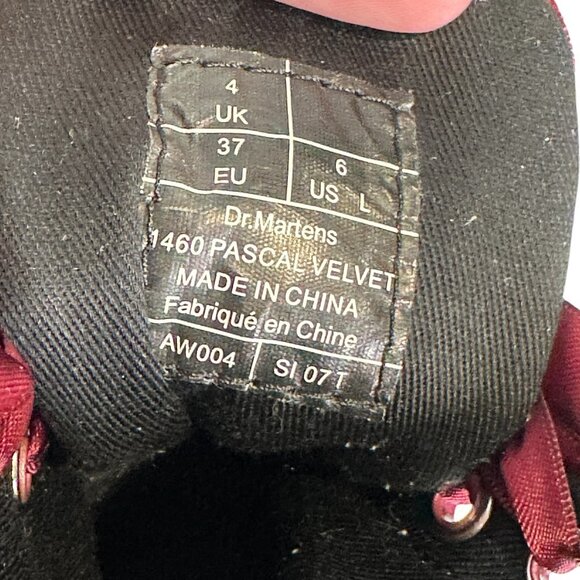 DR. MARTENS 1460 PASCAL VELVET SZ US 6 UK 4 EU 37 RED BURGUNDY BOOTS - Picture 11 of 16
